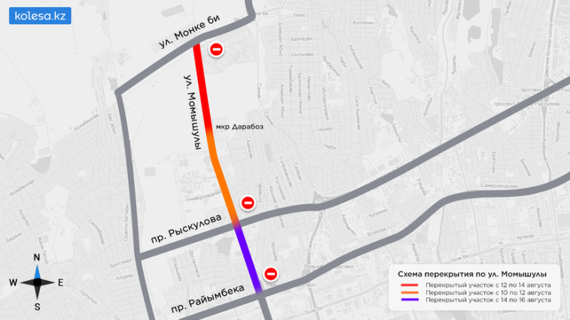 Участки улицы Момышулы в Алматы перекроют на несколько дней