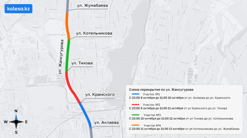 Улицу Жансугурова в Алматы начнут закрывать на ремонт ночью 8 октября